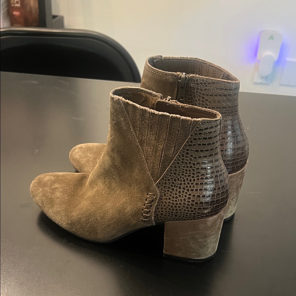 Levity Olive Suede and Croc-Embossed Ankle Boots